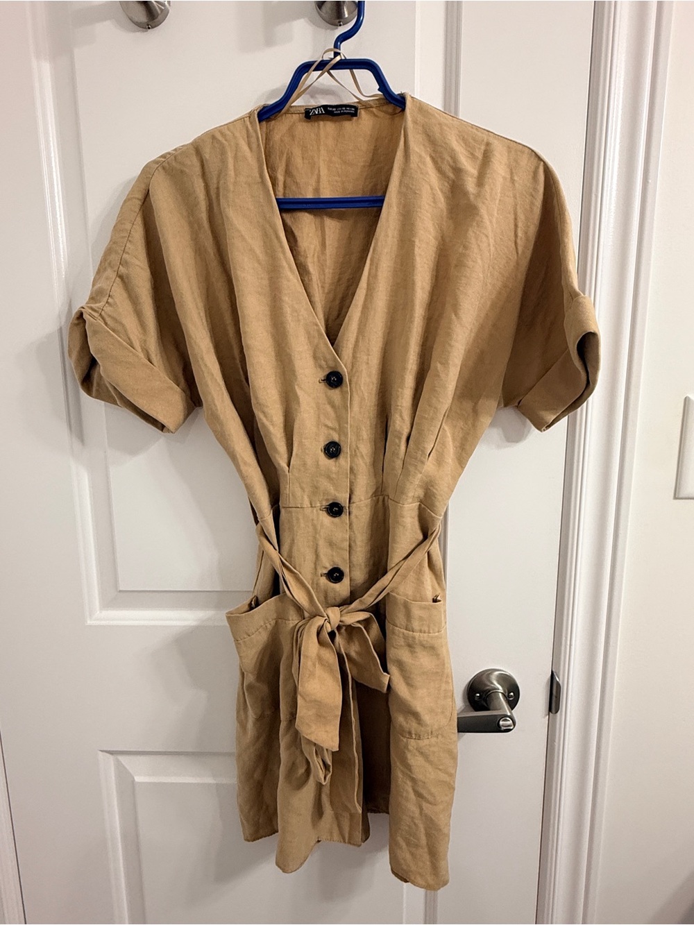 Zara Casual Tie-Waist Short Sleeve Dress in Tan